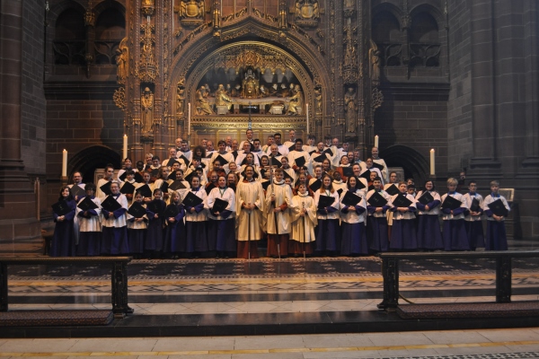 Isle of Man Cathedral Choir (purple) and the Choir of Liverpool Cathedral (red) in the joint Choral Evensong at Liverpool Cathedral